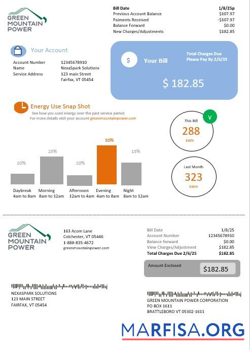 Blank USA Vermont Green Mountain Power electricity business utility bill in Word and PDF formats sample